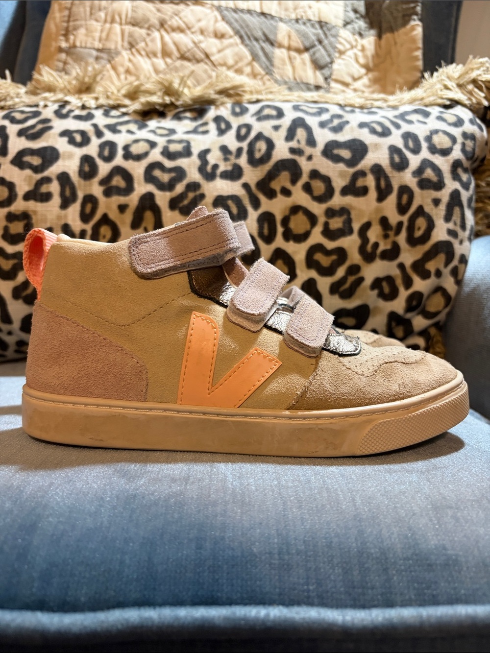 Veja Kids Small V-10 Mid Beige Suede High-Top Sneakers with Peach V Logo